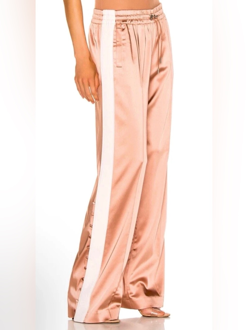 JONATHAN SIMKHAI Pink Sand/Nude Crepe Satin Track Button Side Pants- Large